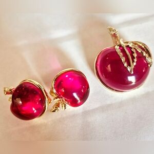 Gold-Tone Red Glass Apple Brooch and Earring Set - Women Jewelry